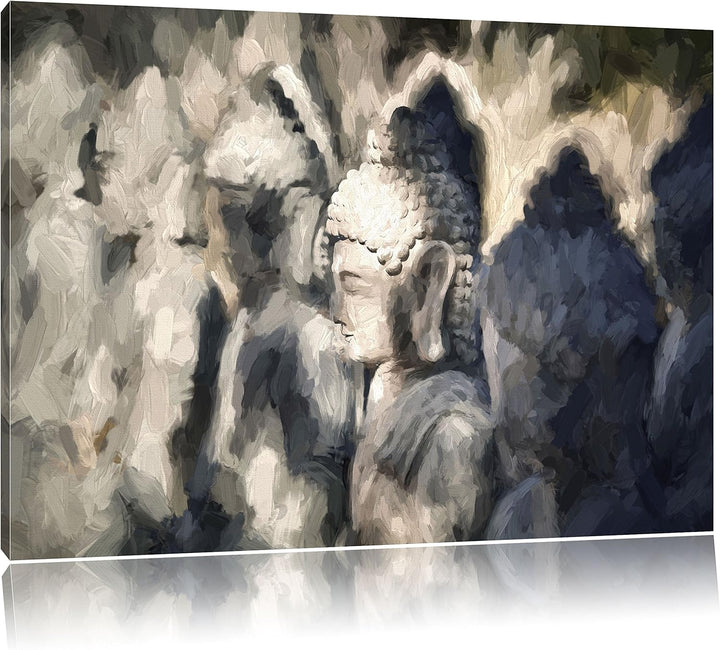 Pixxprint Buddha-Statuen in Einer Reihe / 100x70cm Leinwandbild bespannt auf Holzrahmen/Wandbild Kun