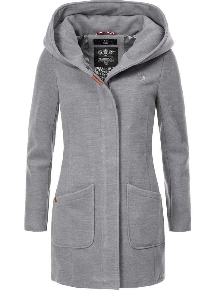 MARIKOO Damen Mantel in Wollmantel-Optik Warmer Trenchcoat mit Kapuze Maikoo XS-5XL S Grau, S Grau