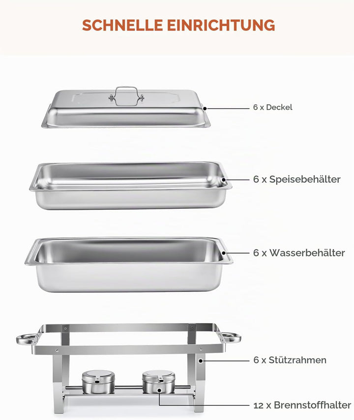 Wilprep Chafing Dish Speisewärmer 9L 6pcs Edelstahl Warmhaltebehälter Wärmebehälter Edelstahl Buffet