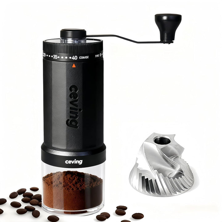 CEVING weltweit erste manuelle Kaffeemühle mit 60g Fassungsvermögen schwarz | Tragbare Handkaffeemüh