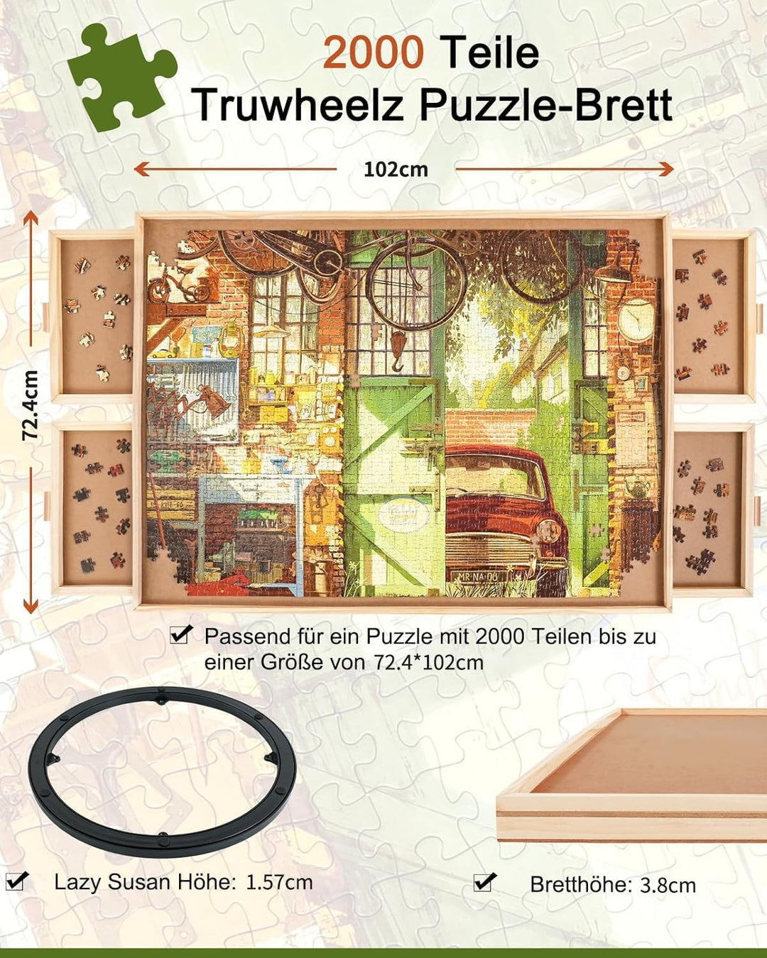 2000-Teile-Drehbares Puzzlebrett mit Schubladen und Abdeckung, 72,4 x 102 cm Tragbarer Holz-Puzzleti