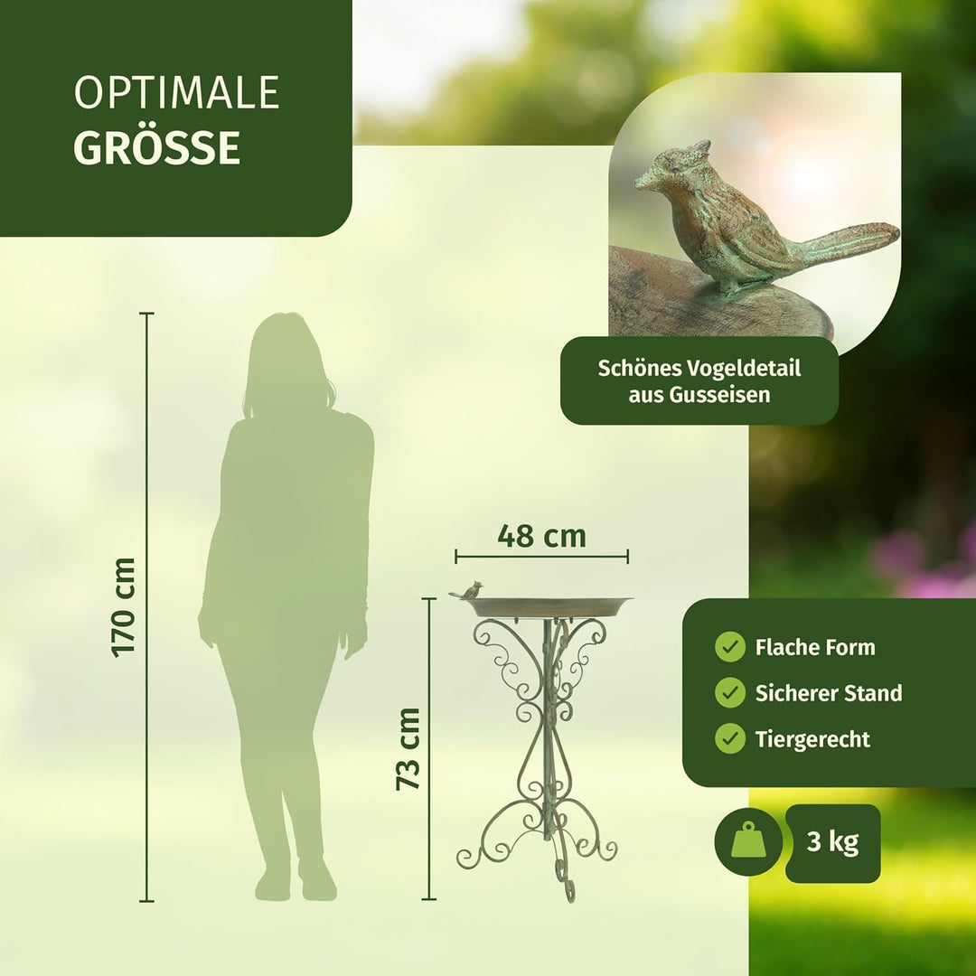 Moritz Vogeltränke Vogelbad grün mit kleinem Vogel auf der Wasserschale Höhe 73cm stehend Vogelbecke