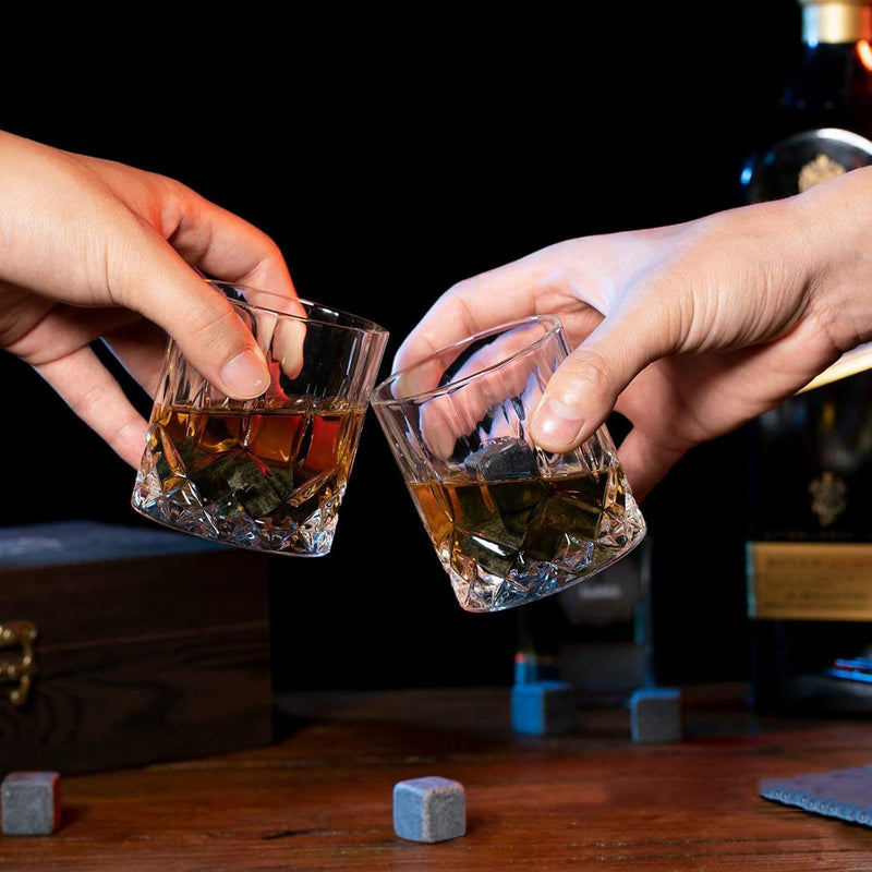 Holzsammlung Whisky Gläser Geschenkset, Whisky Steine Set mit 1 Whiskygläser 200ml & 4 Whisky Steine