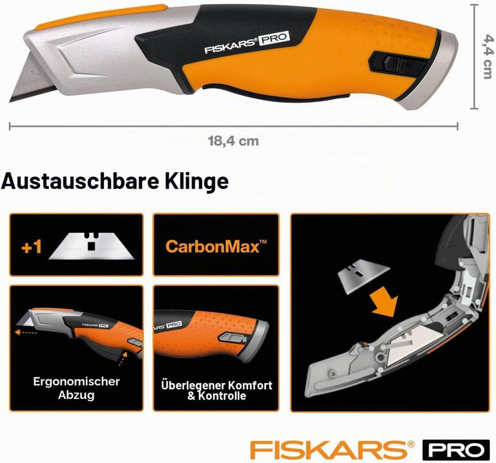 Fiskars Pro Sicherheits-Universalmesser mit einziehbarer Klinge, Länge 17,7 cm, Rostfreier Stahl/Kun