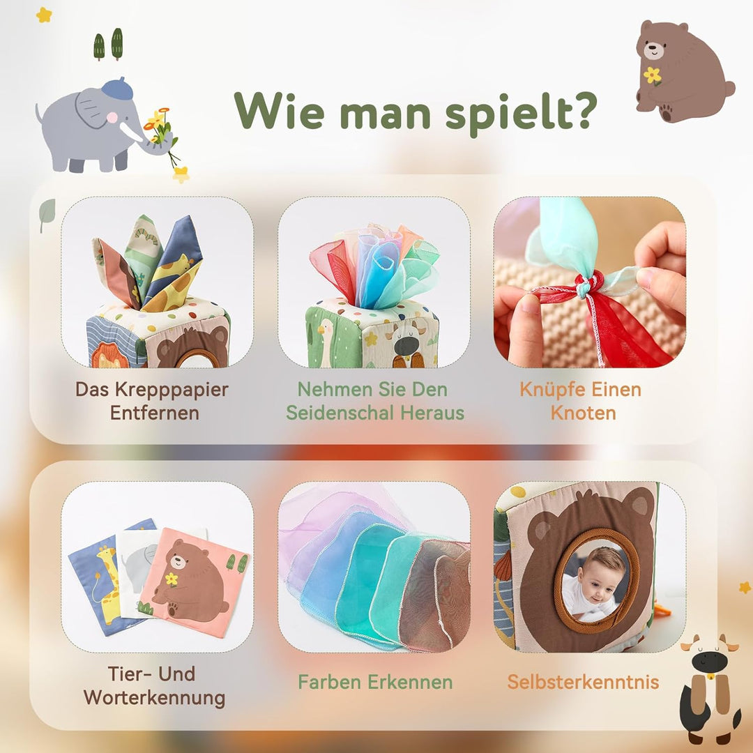 WOODEN TEETHER Tissue Box Montessori Motorikspielzeug, 6-12 Monate Sensorik Baby Spielzeug mit Spieg