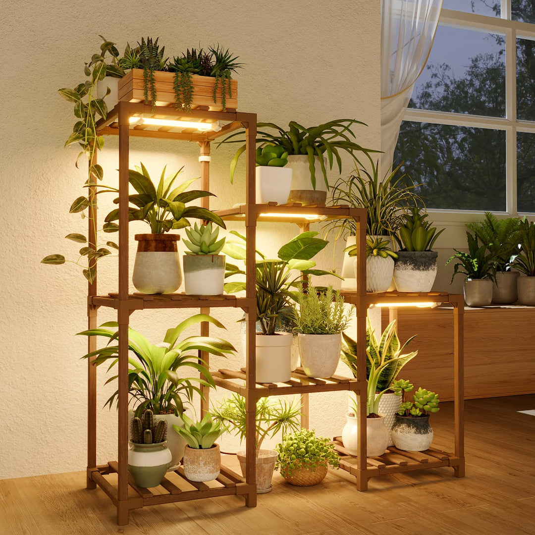 Bamworld Blumenständer mit Pflanzenlampe, 6-stöckiges Pflanzenregal aus Holz mit LED Grow Light, Pfl