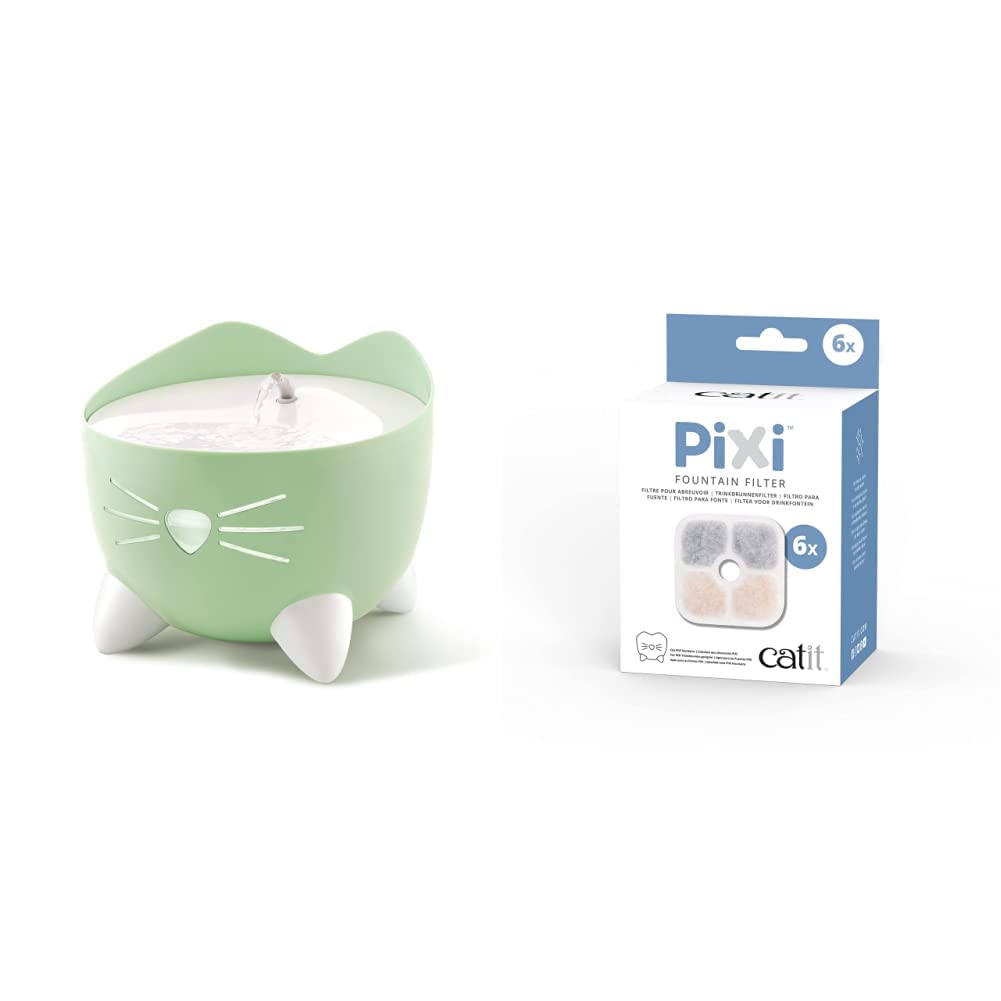 Catit Katzen-Trinkbrunnen Pixi, 2,5L, mintgrün, 1 Stück & 43722 Pixi Ersatzfilter, 6er Pack mintgrün