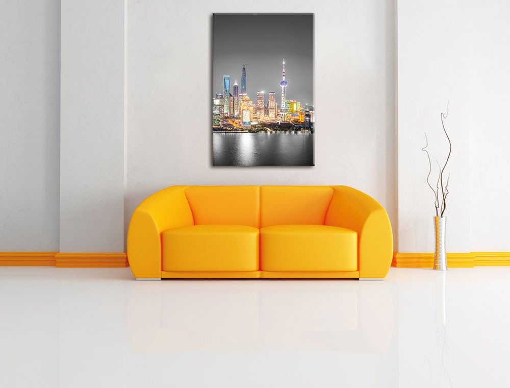 Pixxprint Shanghai Skyline bei Nacht als Leinwandbild/Grösse: 100x70 cm/Wandbild/Kunstdruck/fertig b