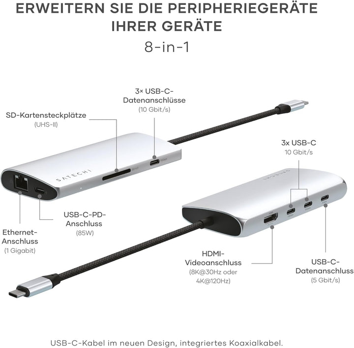 SATECHI 8-in-1 USB-C Hub V3 mit Ethernet, 85 W PD-Ladefunktion, 8K HDMI, 4 USB-C Portsmit 10 Gbit/s,