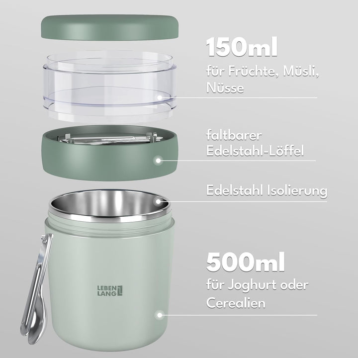 LEBENLANG Müsli To Go Becher mit Löffel - 650ml &amp; Isolierende Edelstahlinnenwand I Müsli 2 Go Becher