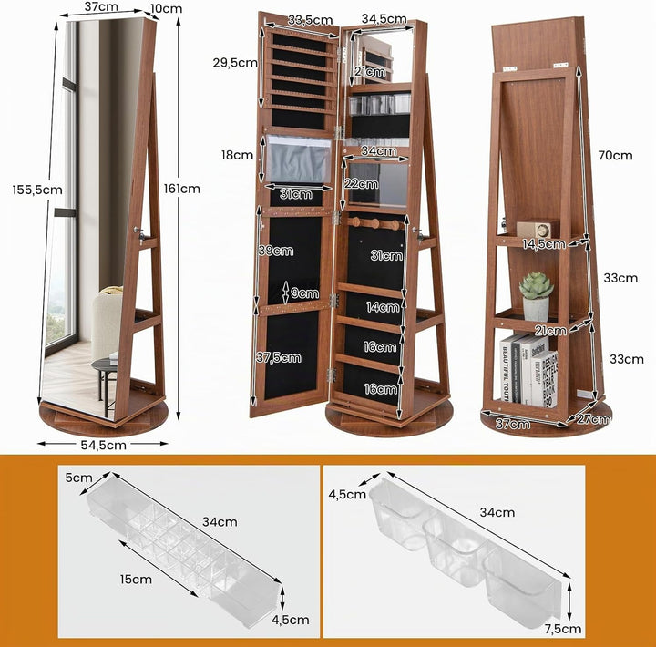 COSTWAY Schmuckschrank mit LED, Spiegelschrank 360° drehbar, mit rahmenlosem Ganzkörperspiegel, Schm