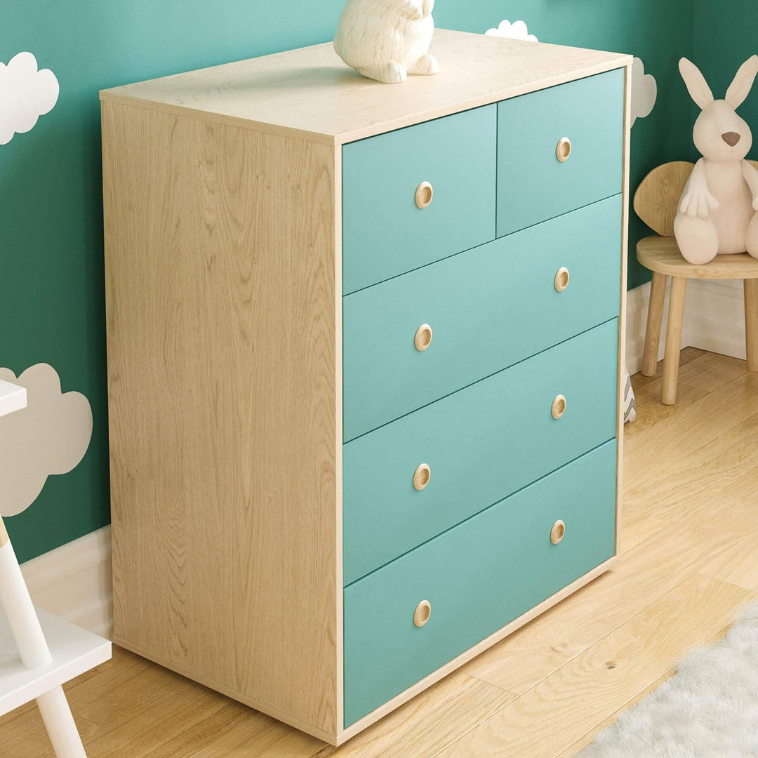 Junior Vida Neptune Kommode 5 Schublade Truhe Schlafzimmer Möbel Storage Blau & Eiche, Blau & Eiche