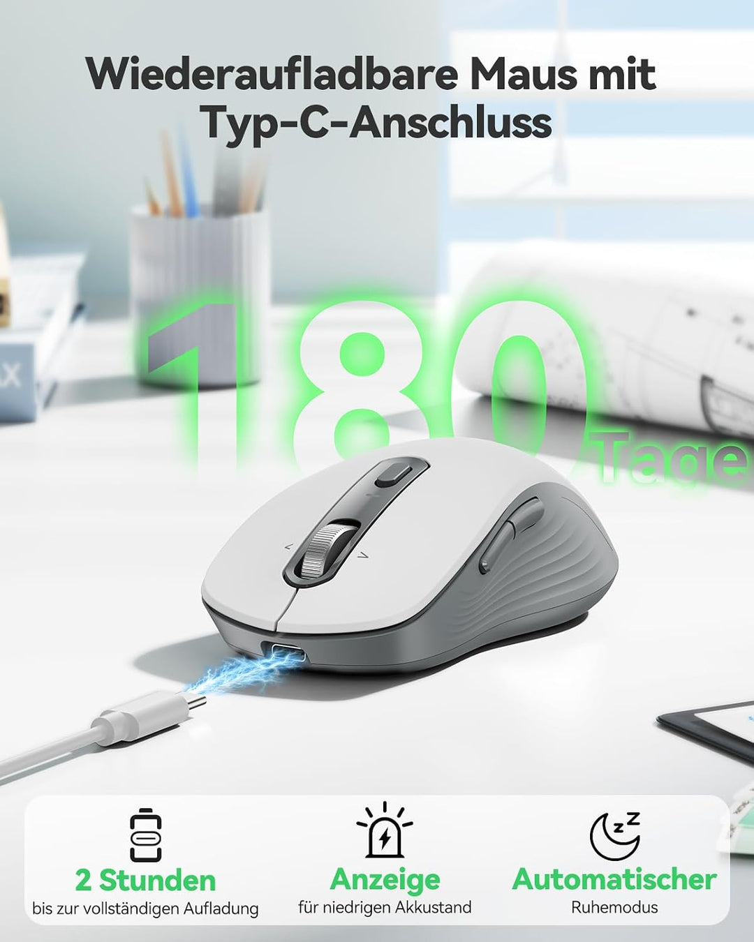 TECKNET Bluetooth Maus Kabellos, Wiederaufladbare Funkmaus mit 4-Wege-Scrollrad, 4800 DPI 6 Stufen,