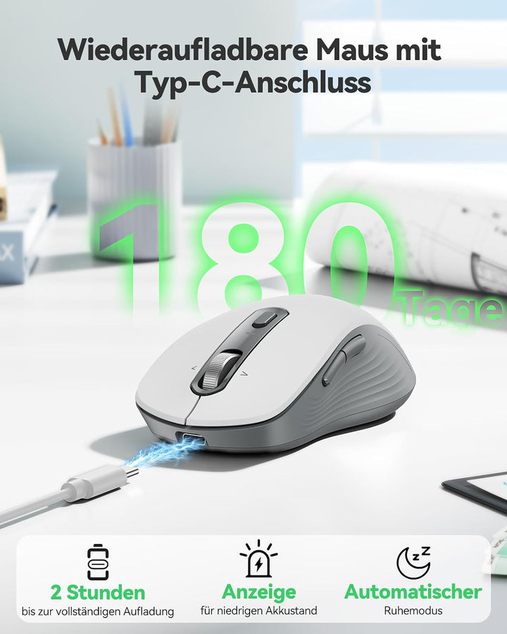 TECKNET Bluetooth Maus Kabellos, Wiederaufladbare Funkmaus mit 4-Wege-Scrollrad, 4800 DPI 6 Stufen,