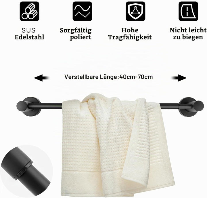 Handtuchstange Verstellbar, WJUAN Handtuchstange schwarz Mattlack verstellbar von 43 cm bis 72 cm, 3