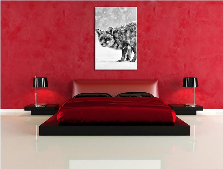 Pixxprint Monocrome, Roter Fuchs im Schneegestöber, Format: 100x70 auf Leinwand, 100x70