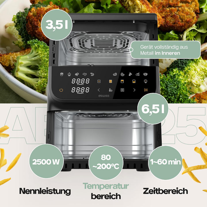 4Swiss Airfryer 10L Heissluftfritteuse Heissluftfritteuse mit 2 Kammern Air Fryer und Doppelkammer D