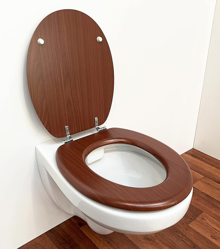WC Deckel Toilettendeckel WC Sitz Klobrille Walnuss mit Holzkern und messingverchromten Scharnieren