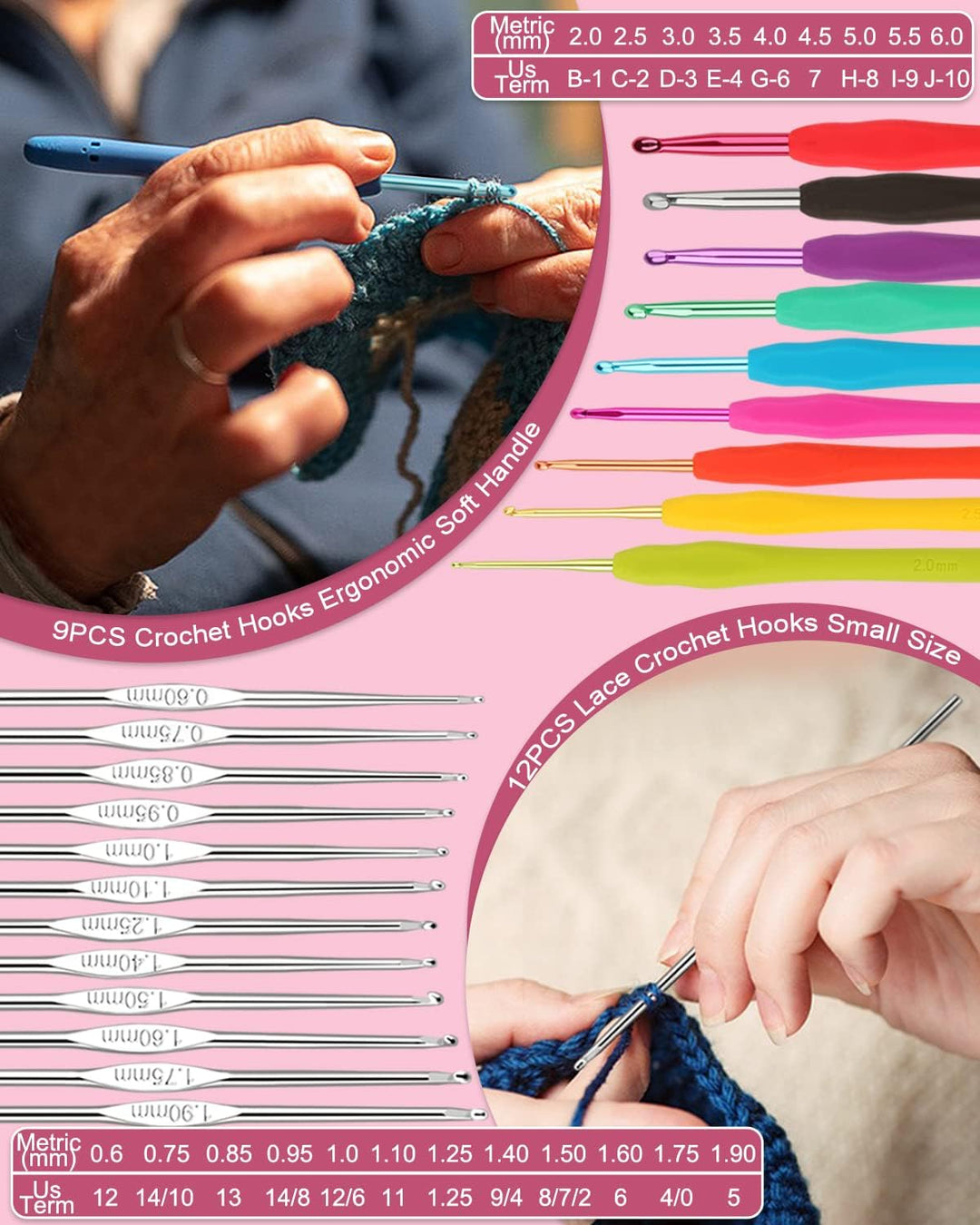 Coopay Häkelset für Anfänger, Häkelnadel Set mit 16 Wolle und Doppel Layer Tasche, Häkeln Set mit Hä