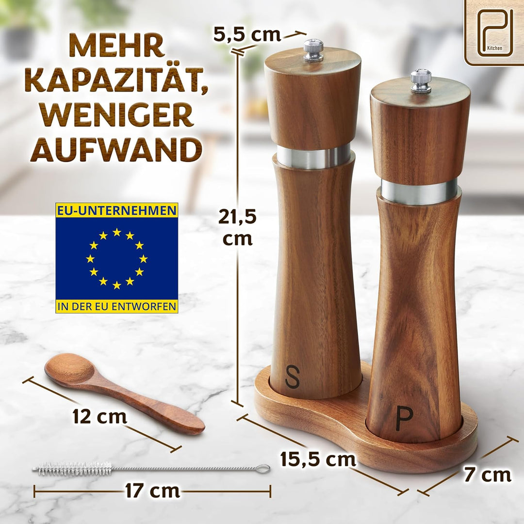 Salz- und Pfeffermühlen Set aus Akazienholz mit Tablett - 60 g pro Stück - Hohe Nachfüllbare Manuell
