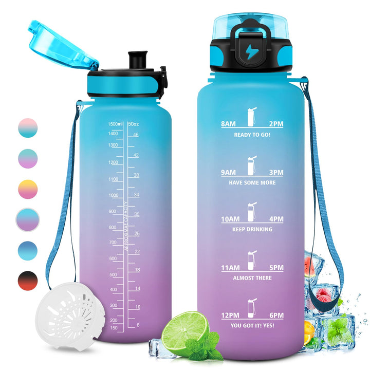 Trinkflasche 500ml/1L, Trinkflasche mit Zeitmarkierung und Filter, Auslaufsicher Wasserflasche Kohle