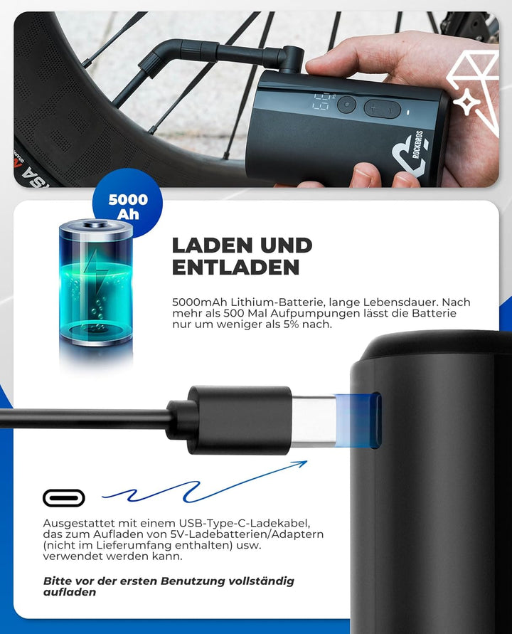 ROCKBROS Fahrradpumpe Mini Elektrische Akku Luftpumpe 5000mAh, 150PSI mit LCD-Bildschirm LED Druckse