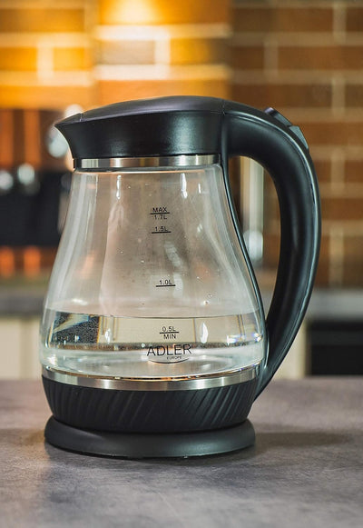 Adler Black Wasserkocher aus Glas mit einem Fassungsvermögen von 1,7 Liter und 2000 W Leistung AD 12