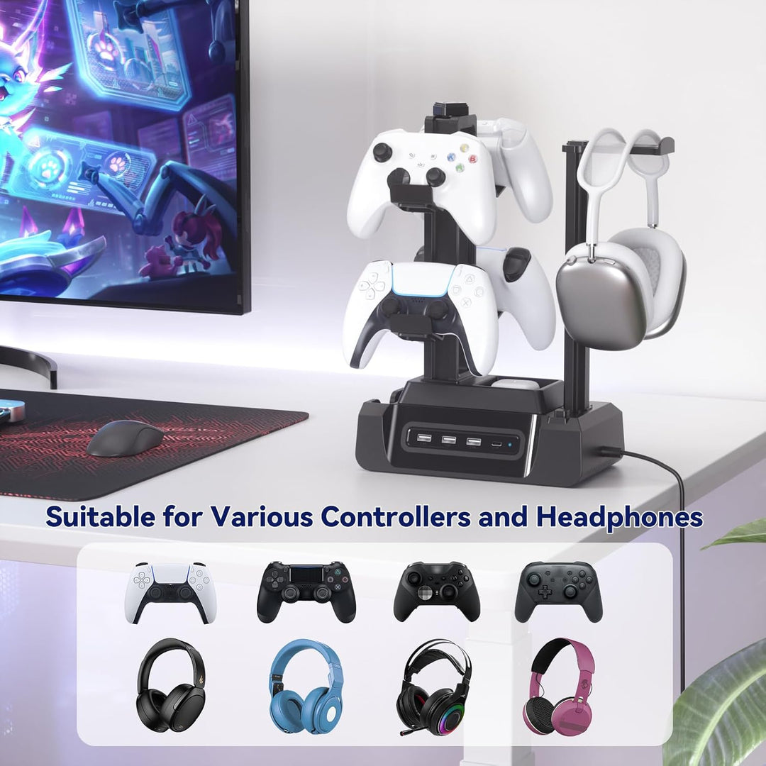 KDD USB Ladestation für Mehrere Geräte mit 4 Port, Handy Ladestation mit Headset und Controller Halt
