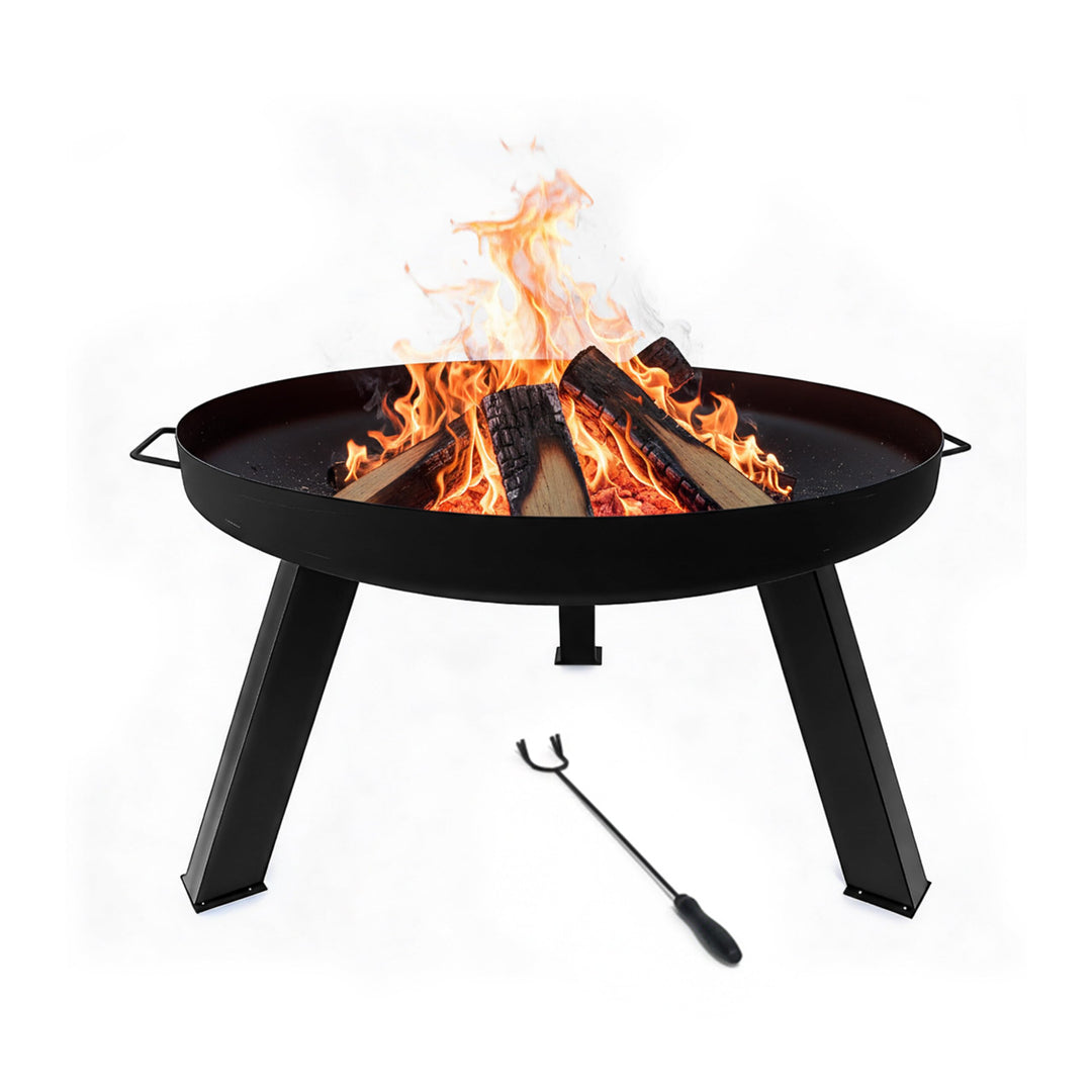 Relaxdays Feuerschale, Ø Schale 59 cm, mit Schürhaken, pulverbeschichteter Stahl, Feuerstelle Garten