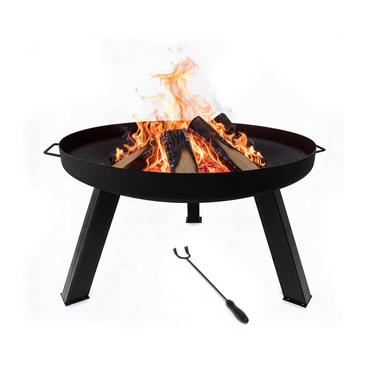 Relaxdays Feuerschale, Ø Schale 59 cm, mit Schürhaken, pulverbeschichteter Stahl, Feuerstelle Garten