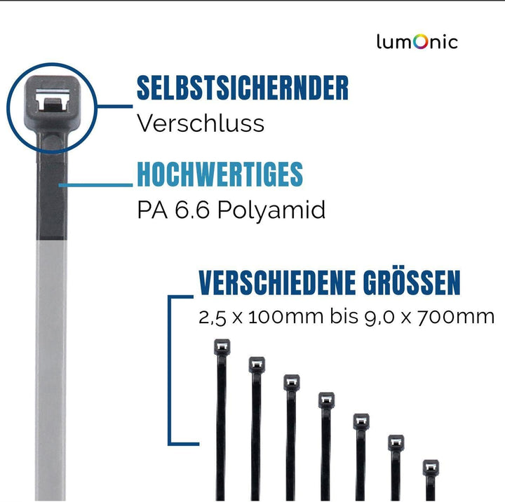 Lumonic 100x Kabelbinder 700 x 9mm I Weisse Kabelbinder in Industriequalität I Kabelbinder UV bestän