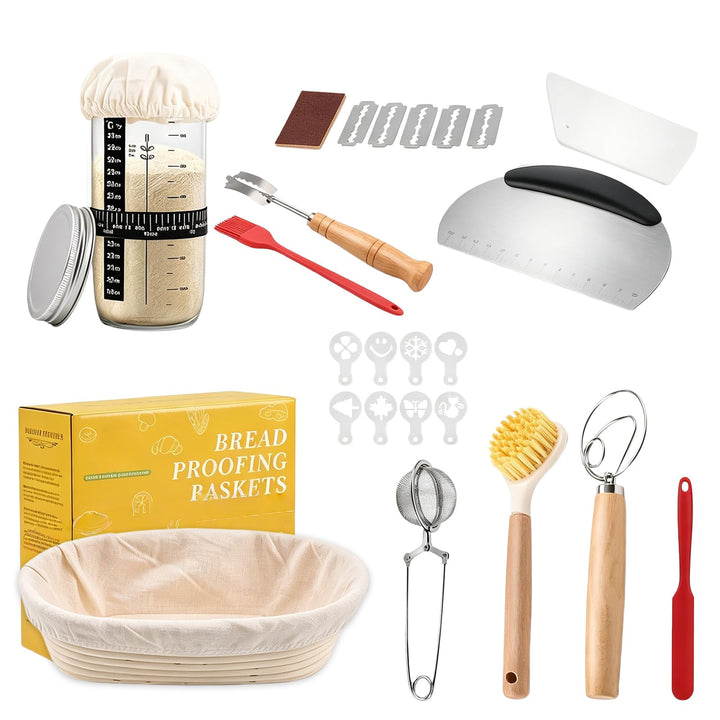 Sauerteig Starter Set: 11-teilig Gärkorb Brot Set mit 25cm Oval Gärkorb, Teigschaber, Leineneinsatz,