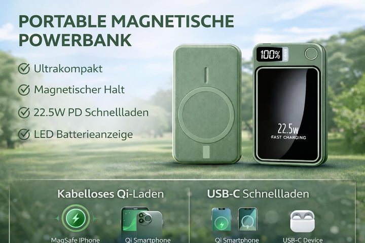 Magnetische Powerbank 5000mAh Mini 22.5W PD Schnellladen mit LED Display – kompatibel mit Samsung, M