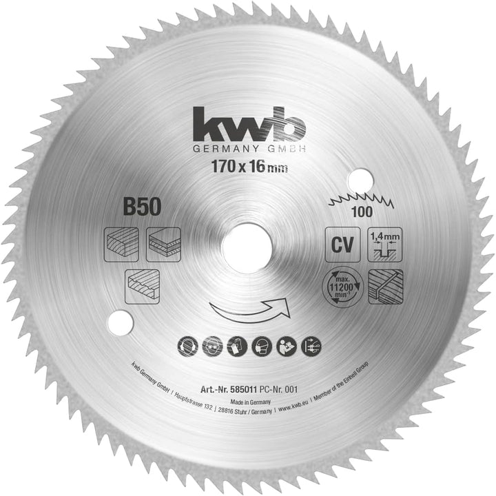 kwb Kreissägeblatt 170 x 16 mm, Made in Germany, sehr feine Schnitte, Sägeblatt geeignet für Holzpan