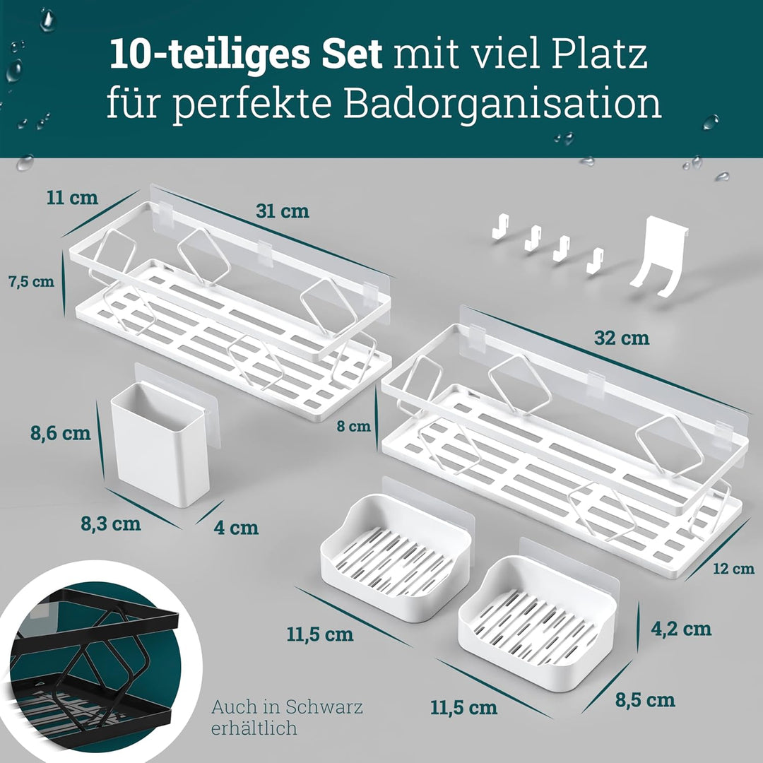 husman® Duschablage-Set ohne Bohren | Weiss | 10-teilig mit Ablaufrillen | Kleben statt Bohren | Dus