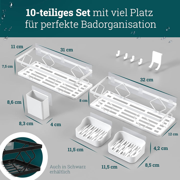 husman® Duschablage-Set ohne Bohren | Weiss | 10-teilig mit Ablaufrillen | Kleben statt Bohren | Dus