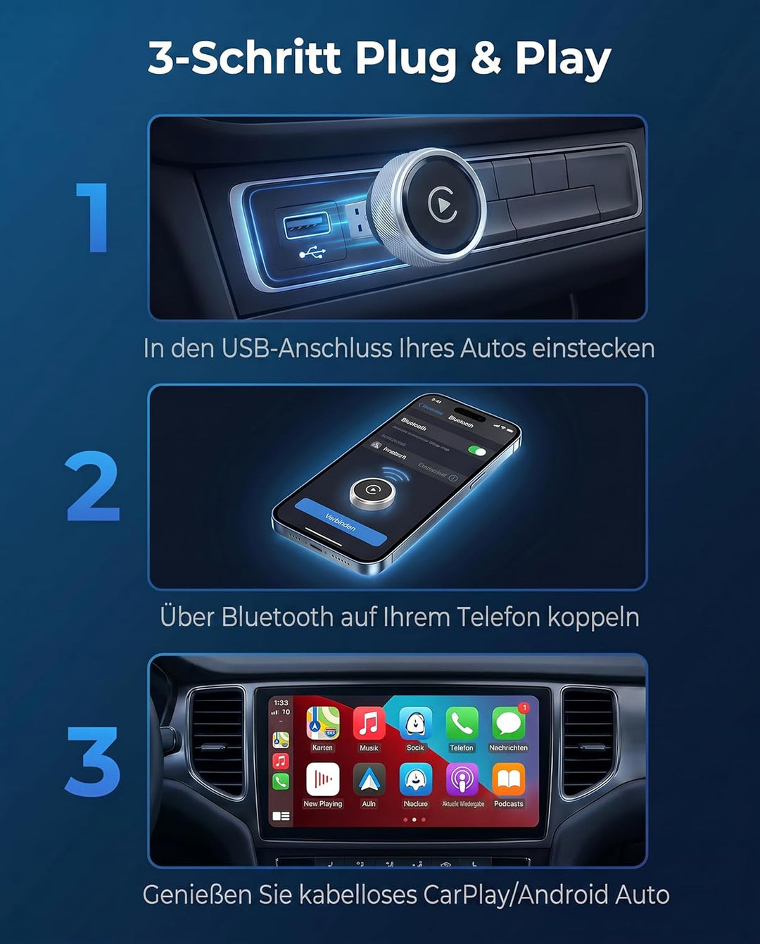 2026 Carplay Wireless Adapter, 2 in 1 Car Play &amp; Android Auto Adapter Kabelgebundenes CarPlay Kabell
