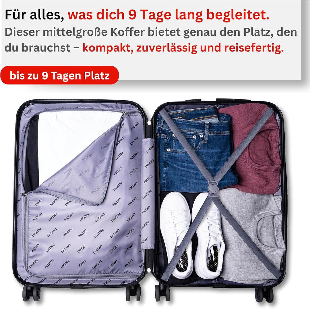 NOWI Bergamo Reisekoffer - Wasserabweisend, 8 Rollen 360° Drehbar, Teleskopgestänge, Voll gefütterte