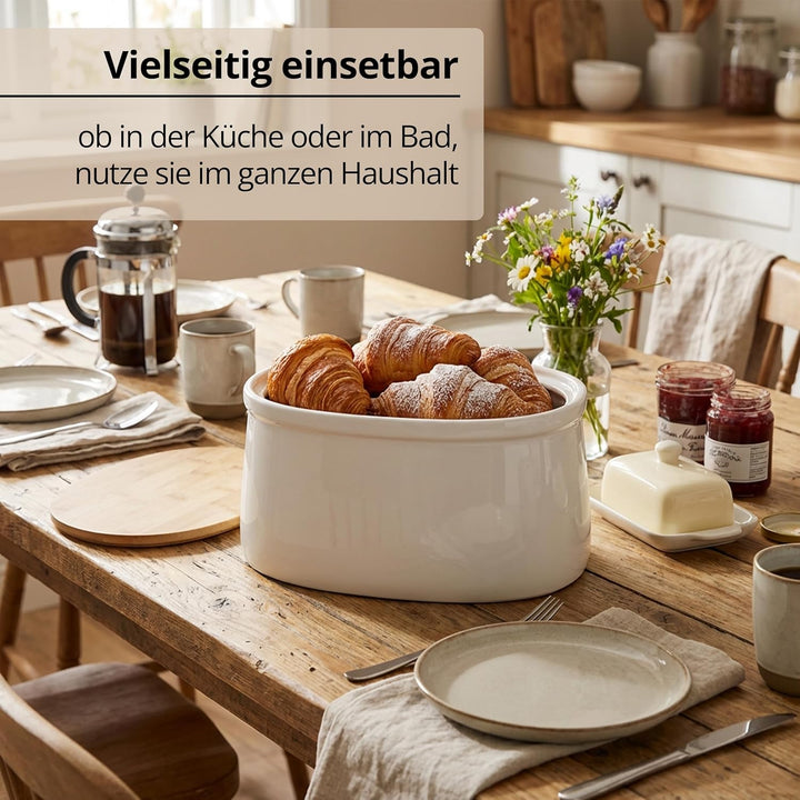 KHG Brotkasten Weiss Keramik Steingut Holzdeckel Bambus, Aufbewahrung Brot oval, Deckel als Schneide