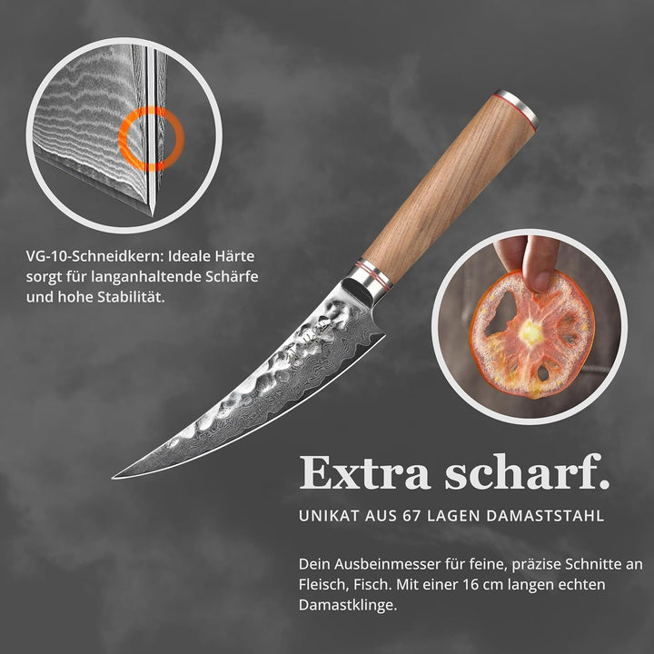 Wakoli Nussbaum Damast Ausbeinmesser Scimitar I Damast Küchemesser mit 16 cm Klinge gefertigt aus Da