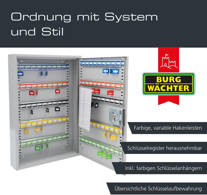 BURG-WÄCHTER Schlüsselschrank zur Wandmontage, Farbige Hakenleisten und Schlüsselanhänger, Herausneh