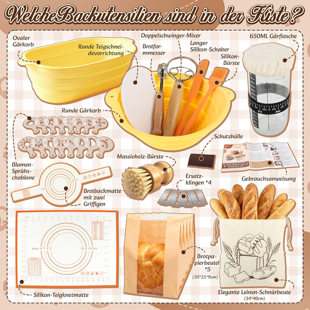 Gärkörbe für Brot, Gärkörbchen Sauerteig Set, 2 Silikon Gärkörbchen zum Brotbacken, Kit Brotbackzube