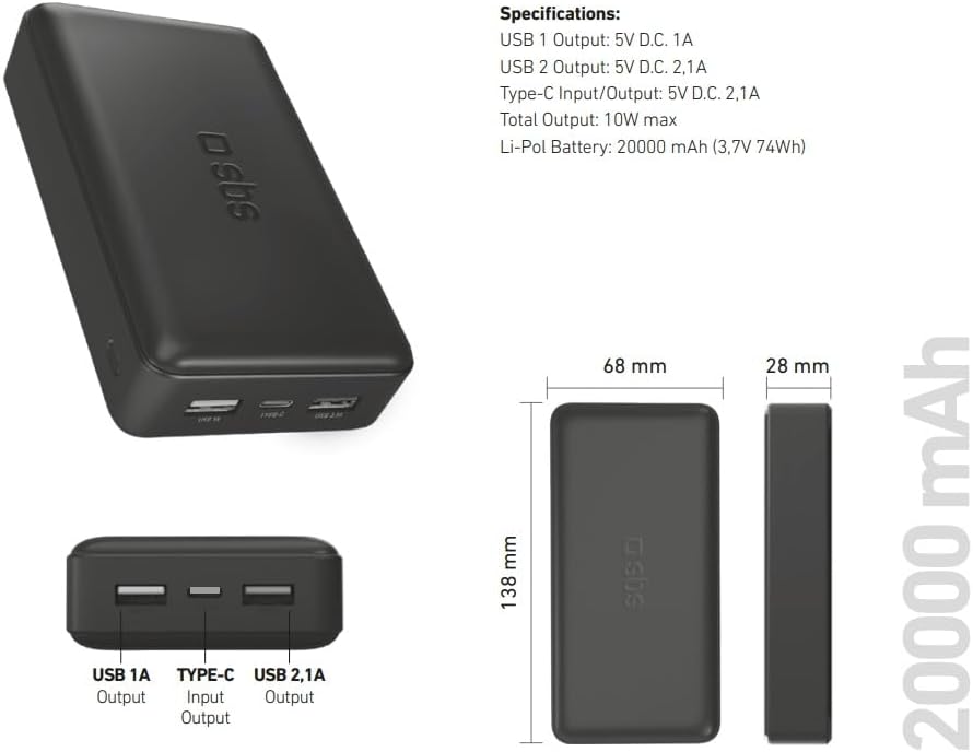SBS Power Bank Ladegerät 20000 mAh, 1 x 10W USB-A Port und 1 x 5W, 1 x 10W USB-C, schlank, leicht, l