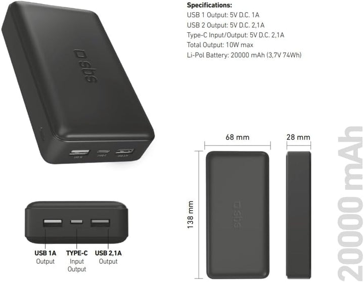 SBS Power Bank Ladegerät 20000 mAh, 1 x 10W USB-A Port und 1 x 5W, 1 x 10W USB-C, schlank, leicht, l