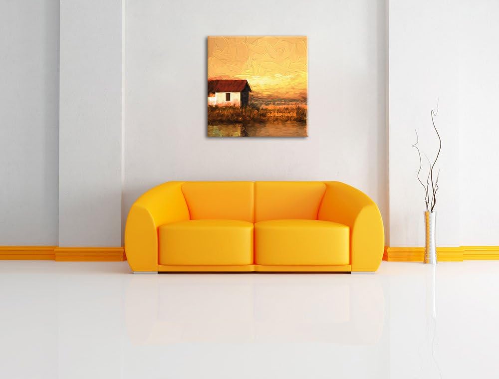 Pixxprint Haus am See bei Sonnenuntergang als Leinwandbild/Grösse: 70x70 cm/Wandbild/Kunstdruck/fert