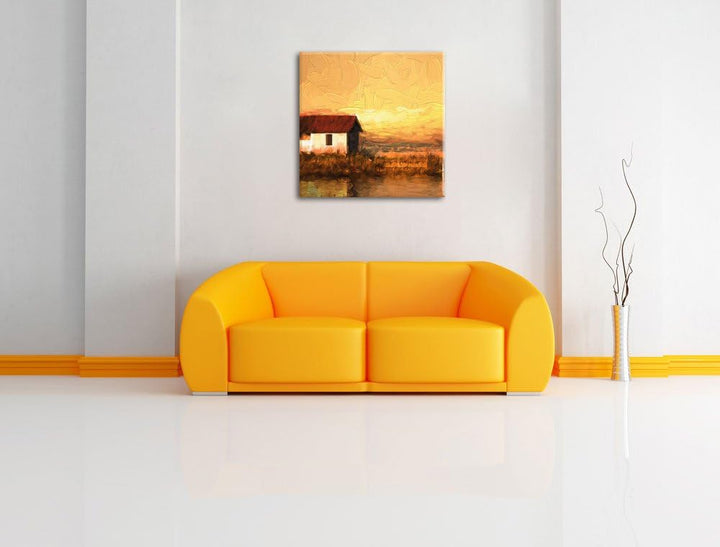 Pixxprint Haus am See bei Sonnenuntergang als Leinwandbild/Grösse: 70x70 cm/Wandbild/Kunstdruck/fert