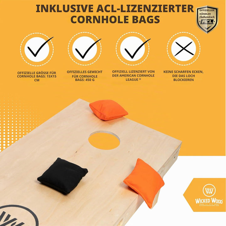 Cornhole Set – 120 x 60 cm - Sackloch Spiel – Wicked Wood – offiziell ACL-lizensiertes Set of Boards