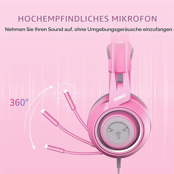 Somic G951S Rosa Gaming-Headset mit Mikrofon, Mädchen Frauen Rosa Katze Ohr-Kopfhörer mit 3,5-mm-Kab
