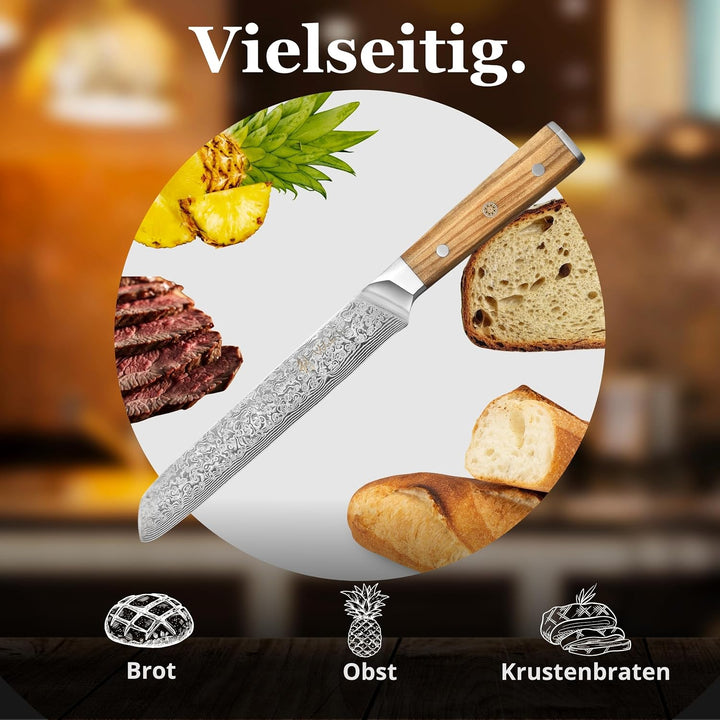 Wakoli Oribu Brotmesser 20 cm extrem scharfe Klinge aus 67 Lagen I Damast Küchenmesser und Profi Koc