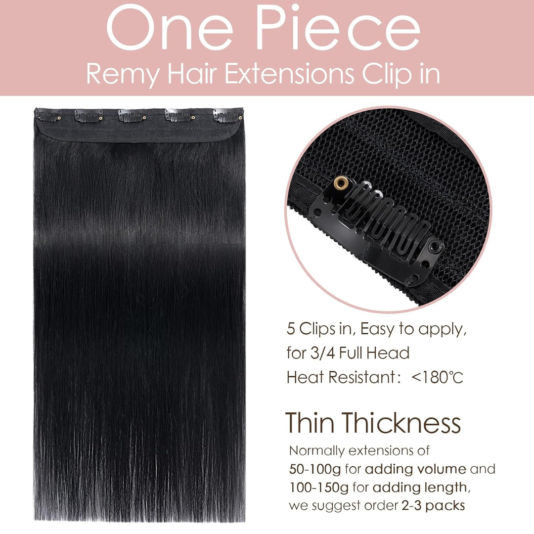 25cm Clip in Extenions Echthaar Haarteile Echthaar 1Pc 5Clips Haarteil 01# Rabenschwarz Weich Natürl